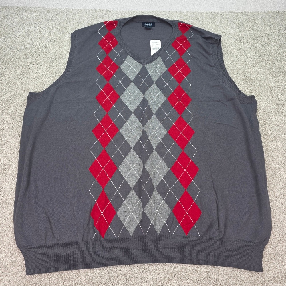 New Harbor Bay Mens Argyle Sweater Vest 4XL Grey Red V-Neck 100% Cotton NWT